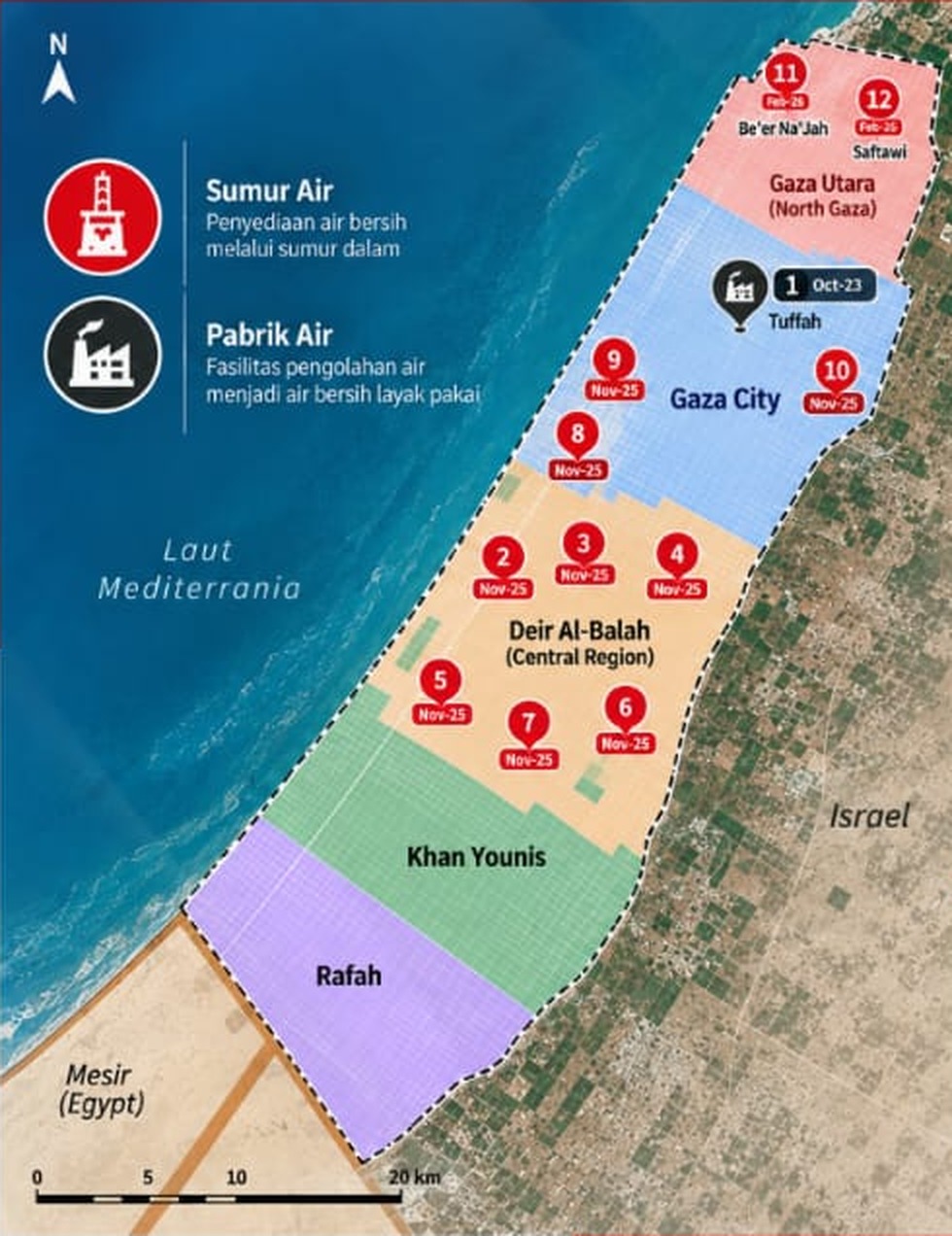 Peta sebaran 12 titik infrastruktur air NPC di Jalur Gaza