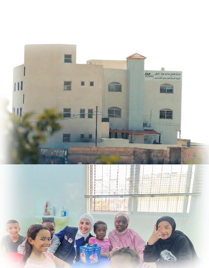 Gedung klinik di Camp Gaza, Jerash, dan anak-anak penerima manfaat